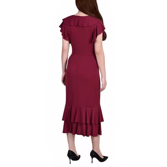 NY COLLECTION Women's Short Flutter Sleeve Ruffle Neck Dress Burgundy Sz… - Picture 2 of 3